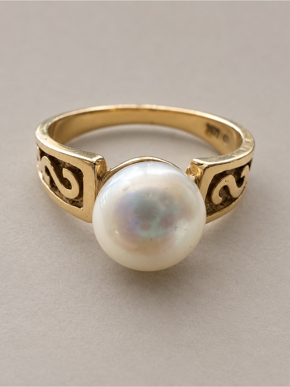 Vintage J. Posner & Sons 14K Gold Pearl Scroll Ring Size 5.25 3.06g
